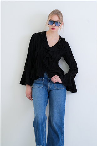 Kadın Siyah V Yaka Volanlı İspanyol Kol Fırfır Bluz Alc-X15430