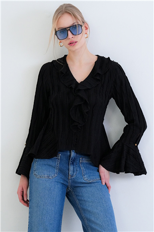 Kadın Siyah V Yaka Volanlı İspanyol Kol Fırfır Bluz Alc-X15430