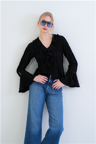 Kadın Siyah V Yaka Volanlı İspanyol Kol Fırfır Bluz Alc-X15430