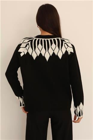 Kadın Siyah Yaka Ve Manşetleri Desenli Triko Kazak Alc-X14747