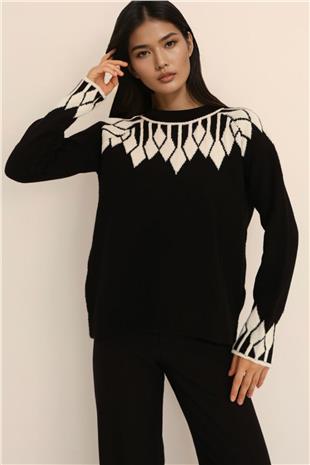 Kadın Siyah Yaka Ve Manşetleri Desenli Triko Kazak Alc-X14747