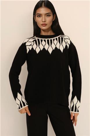 Kadın Siyah Yaka Ve Manşetleri Desenli Triko Kazak Alc-X14747