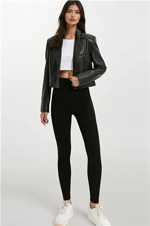 Kadın Siyah Yüksek Bel Geniş Kemerli İçi Şardonlu Tayt Alc-X14832