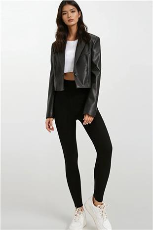 Kadın Siyah Yüksek Bel Geniş Kemerli İçi Şardonlu Tayt Alc-X14832