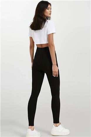 Kadın Siyah Yüksek Bel Geniş Kemerli İçi Şardonlu Tayt Alc-X14832