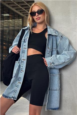 Kadın SİYAH Yüksek Bel Sporcu Şort Tayt V00027-B