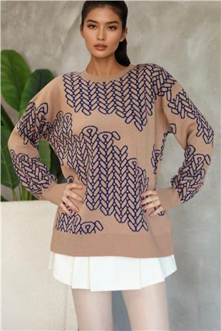 Kadın Sütlü Kahve Bisiklet Yaka Desenli Triko Kazak Alc-X14741