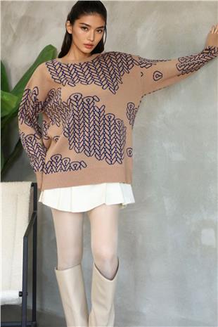 Kadın Sütlü Kahve Bisiklet Yaka Desenli Triko Kazak Alc-X14741