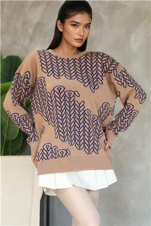 Kadın Sütlü Kahve Bisiklet Yaka Desenli Triko Kazak Alc-X14741