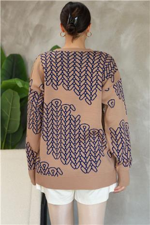 Kadın Sütlü Kahve Bisiklet Yaka Desenli Triko Kazak Alc-X14741