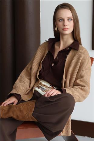 Kadın SÜTLÜ KAHVE Düğme Kapamalı Fitilli Uzun Triko Hırka VS01430