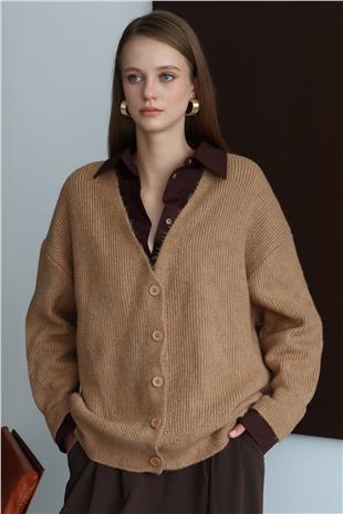 Kadın SÜTLÜ KAHVE Düğme Kapamalı Fitilli Uzun Triko Hırka VS01430