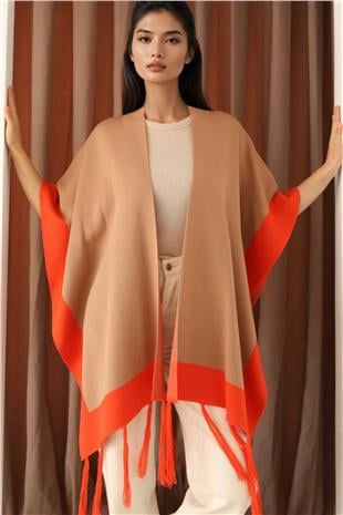Kadın Sütlü Kahve Kontrast Şeritli Püsküllü Panço Alc-X14746