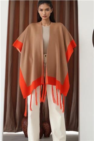 Kadın Sütlü Kahve Kontrast Şeritli Püsküllü Panço Alc-X14746