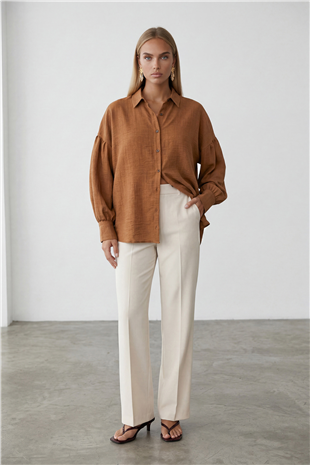 Kadın Tarçın Balon Kol Geniş Manşetli Oversize Keten Gömlek Alc-X15426