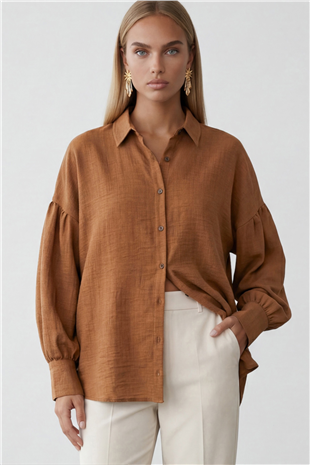 Kadın Tarçın Balon Kol Geniş Manşetli Oversize Keten Gömlek Alc-X15426