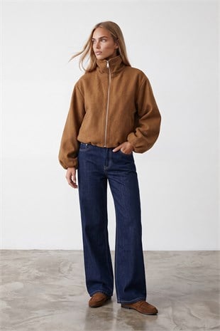 Kadın Tarçın Dik Yaka Fermuarlı  İçi Astarlı Çift Çepli Oversize Kaşe Mont Alc-X15871