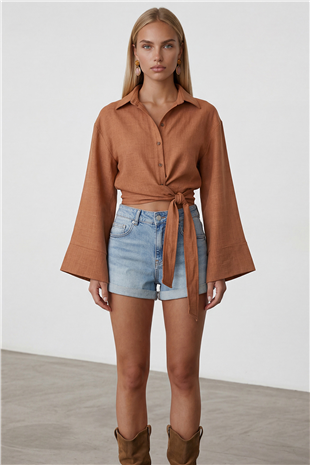 Kadın Tarçın Geniş Manşetli Kol Detaylı Önü Bağlamalı Keten Gömlek Alc-X15424