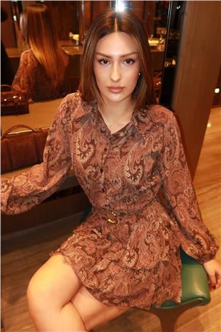 Kadın Tarçın Kahve Bohem Desenli Kemerli Mini Şifon Elbise Alc-X14920