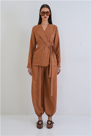 Kadın Tarçın Keten Paçası Lastikli Jogger Pantolon Ve Kendinden Kemerli Ceket Takım Alc-X15299