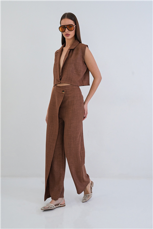 Kadın Tarçın Keten Yelek Ve Anvelop Kesim Yüksek Bel Fermuarlı  Pantolon Takım Alc-X15300