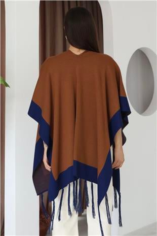 Kadın Tarçın Kontrast Şeritli Püsküllü Panço Alc-X14746