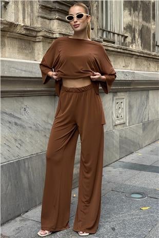 Kadın Tarçın Oversize Salaş Kesim Bluz Ve Çift Cepli Pantolon Buzzy Kumaş Takım VS01582