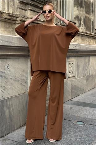 Kadın Tarçın Oversize Salaş Kesim Bluz Ve Çift Cepli Pantolon Buzzy Kumaş Takım VS01582