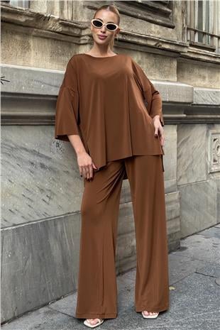 Kadın Tarçın Oversize Salaş Kesim Bluz Ve Çift Cepli Pantolon Buzzy Kumaş Takım VS01582