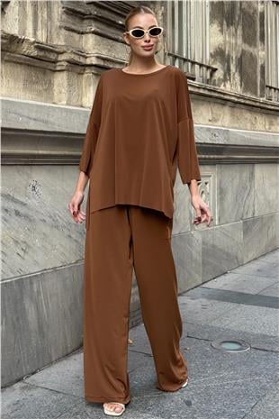 Kadın Tarçın Oversize Salaş Kesim Bluz Ve Çift Cepli Pantolon Buzzy Kumaş Takım VS01582
