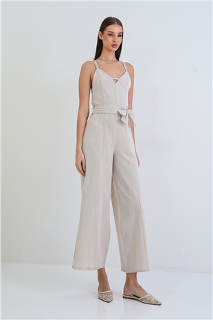 Kadın Taş Ayarlanabilir Askılı Kendinden Kemerli Sırtı Fermuarlı Keten Tulum Alc-X15382