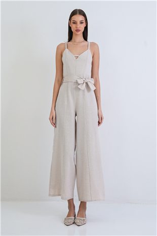 Kadın Taş Ayarlanabilir Askılı Kendinden Kemerli Sırtı Fermuarlı Keten Tulum Alc-X15382