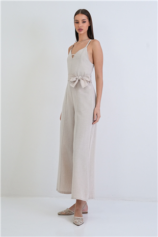 Kadın Taş Ayarlanabilir Askılı Kendinden Kemerli Sırtı Fermuarlı Keten Tulum Alc-X15382