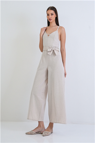 Kadın Taş Ayarlanabilir Askılı Kendinden Kemerli Sırtı Fermuarlı Keten Tulum Alc-X15382