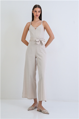 Kadın Taş Ayarlanabilir Askılı Kendinden Kemerli Sırtı Fermuarlı Keten Tulum Alc-X15382