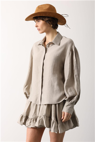 Kadın Taş Balon Kol Gizli Patlı Dokuma Gömlek Alc-X15199