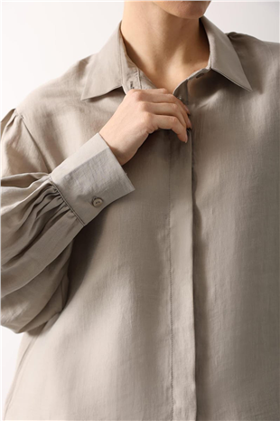 Kadın Taş Balon Kol Gizli Patlı Dokuma Gömlek Alc-X15199