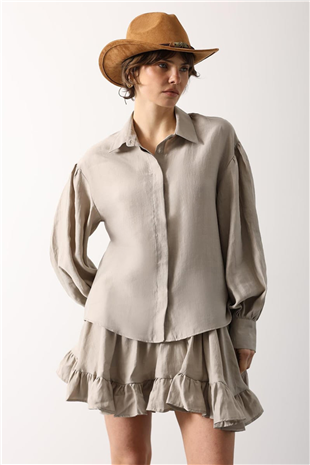 Kadın Taş Balon Kol Gizli Patlı Dokuma Gömlek Alc-X15199