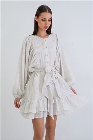 Kadın Taş Bisiklet Yka A Fırfırlı İçi Astarlı Pamuklu Keten Elbise Alc-X15377