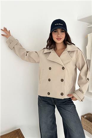 Kadın Taş Düğmeli Kol Detaylı Kürk Yaka Kaşe Astarlı Kaban VS01573