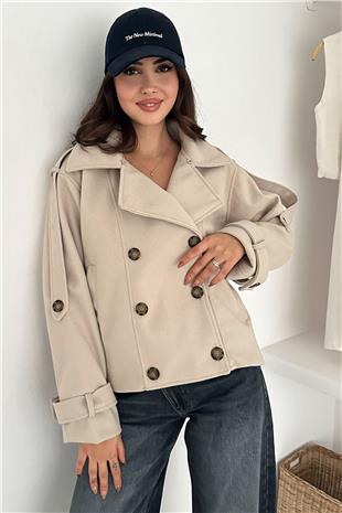 Kadın Taş Düğmeli Kol Detaylı Kürk Yaka Kaşe Astarlı Kaban VS01573