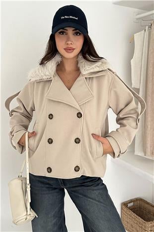 Kadın Taş Düğmeli Kol Detaylı Kürk Yaka Kaşe Astarlı Kaban VS01573