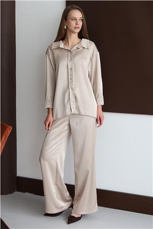 Kadın Taş Düğmeli Oversize Saten Gömlek ve Pantolon Takım VS01428