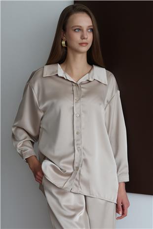 Kadın Taş Düğmeli Oversize Saten Gömlek ve Pantolon Takım VS01428