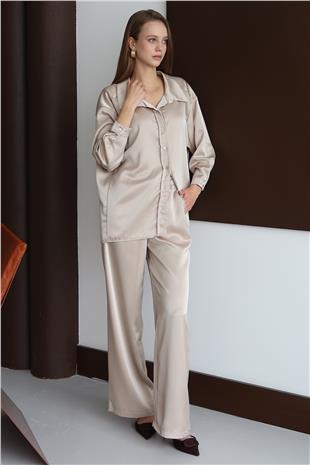 Kadın Taş Düğmeli Oversize Saten Gömlek ve Pantolon Takım VS01428
