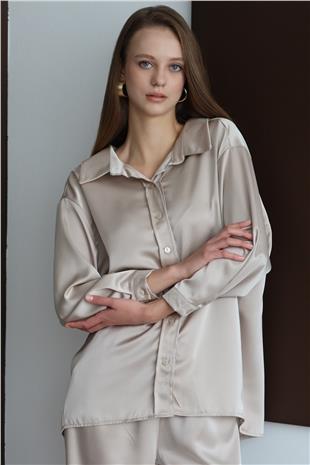 Kadın Taş Düğmeli Oversize Saten Gömlek ve Pantolon Takım VS01428