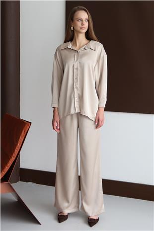 Kadın Taş Düğmeli Oversize Saten Gömlek ve Pantolon Takım VS01428