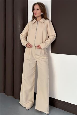 Kadın Taş Fermuar Kapamalı Astarlı Ceket Bol Paça Pantolon Takım VS01564