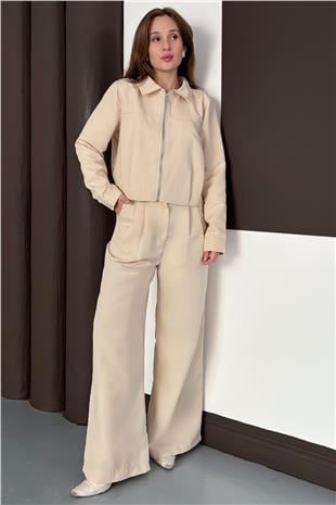 Kadın Taş Fermuar Kapamalı Astarlı Ceket Bol Paça Pantolon Takım VS01564