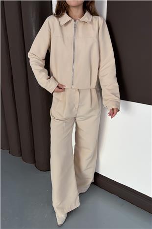 Kadın Taş Fermuar Kapamalı Astarlı Ceket Bol Paça Pantolon Takım VS01564